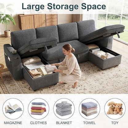 Sectional Sleeper Sofa with Pull Out Bed, Plush Corduroy Sectional Sofa with Double Storage Chaise and Adjustable Backrest, Cloud Sectional Couches for Living Room, Apartment, Light Grey