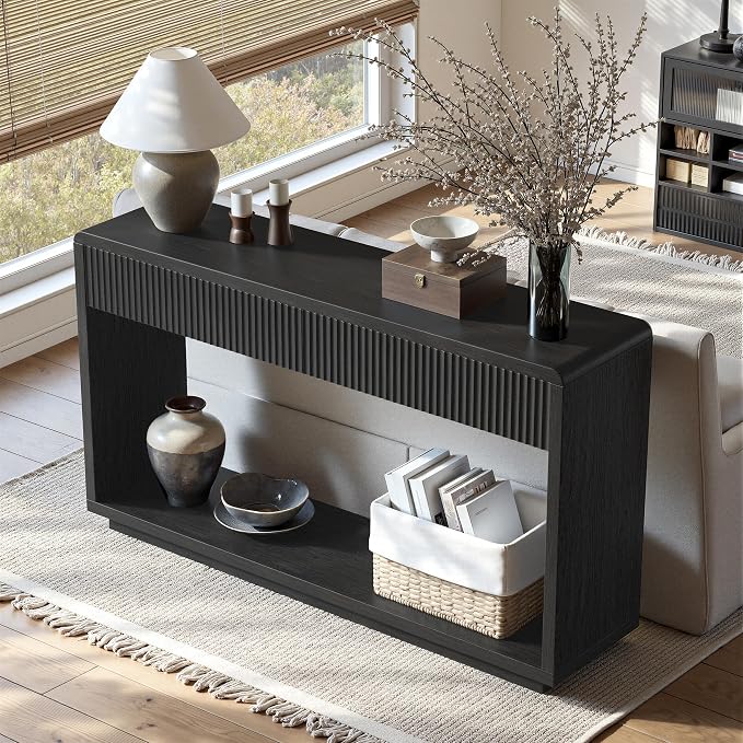 Evermagin 59'' Charcoal Black Entryway Table with Drawers, Fluted Console Table, Mid Century Modern Sofa Table with Storage for Living Room, Entrance, Hallway
