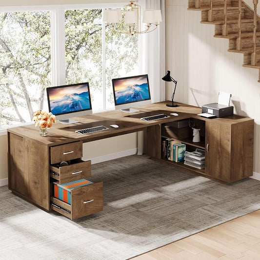 Tribesigns 85.8-Inch L-Shaped Executive Desk, Extra Large Modern Office Desk with File Drawers, Door Cabinet & Shelves, Commercial Office Table, Home Business Workstation, Natural Oak