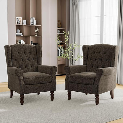 Pia Ricco High Back Floral Accent Chair - Retro Wingback Upholstered Armchair with Nailhead Trim, Solid Wood Legs, Fabric Living Room Bedroom Reading Chair (Taupe)