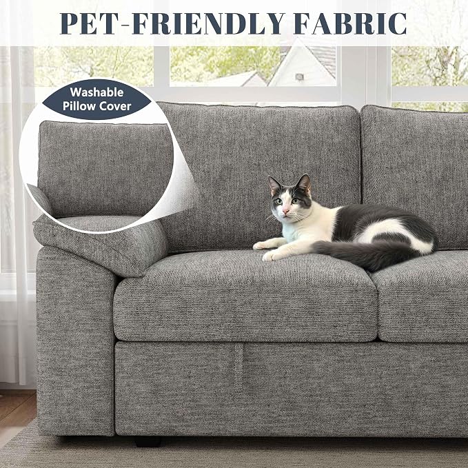 108 Inch Modular Sectional Sofa with Pull Out Bed,U Shaped 7 Seat Sectional Sleeper Sofa with Storage,Sectional Couches for Living Room,Cloud Modular Couch,Removable Sofa Cover,Light Gray