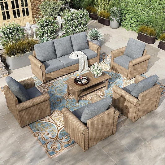 HERA'S HOUSE Patio Furniture Set, 4 x Cushioned Chairs, 3-Seat Sofa with Wood Grain Coffee Table, 5 Seats Luxury Windsor Style All Weahter Outdoor Sofa Conversation Set for Deck Lawn Backyard