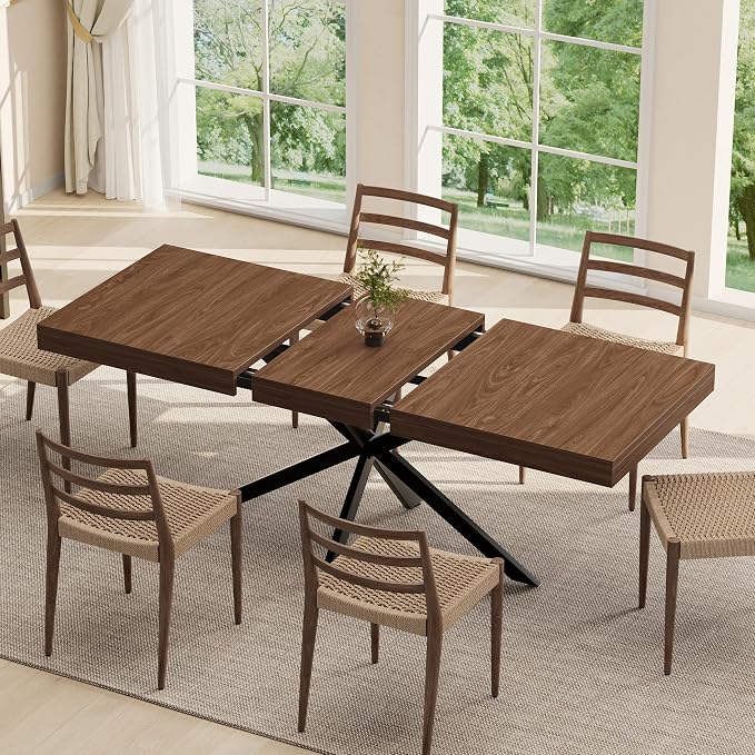 MECHYIN Extendable Dining Room Table for 4-6-8, 55''-70.9'' Wood Rectangle Expandable Dining Table with Hidden Storage, Space Saving Farmhouse Kitchen Table for Dining Room Kitchen Office,Walnut