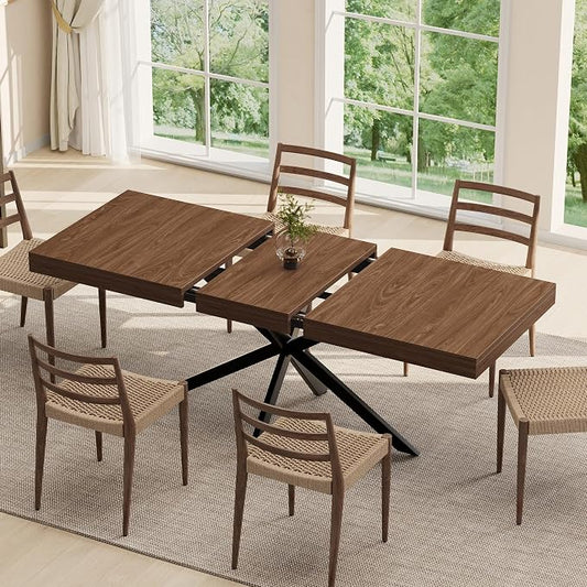 MECHYIN Extendable Dining Room Table for 4-6-8, 55''-70.9'' Wood Rectangle Expandable Dining Table with Hidden Storage, Space Saving Farmhouse Kitchen Table for Dining Room Kitchen Office,Walnut