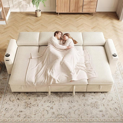 Sectional Sleeper Sofa with Pull Out Bed, Plush Corduroy Sectional Sofa with Double Storage Chaise and Adjustable Backrest, Cloud Sectional Couches for Living Room, Apartment, Beige