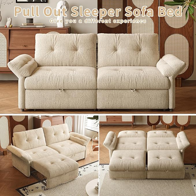 81.5'' Full Sleeper Sofa, Pre-Assembled, Chenille Pull Out Couches Bed, 3-in-1 Convertible Sofa, Adjustable Backrest, Small Loveseat for Small Space, Living Room, Apartment, Chenille Beige
