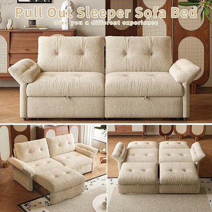 81.5'' Full Sleeper Sofa, Pre-Assembled, Chenille Pull Out Couches Bed, 3-in-1 Convertible Sofa, Adjustable Backrest, Small Loveseat for Small Space, Living Room, Apartment, Chenille Beige