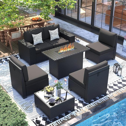 UDPATIO Patio Furniture Set with Fire Pit Table, Outdoor Wicker Conversation Set with 8'' Wide Armrests, Patio Sectional Sofa Set for Backyard, Deck, Black Cushions