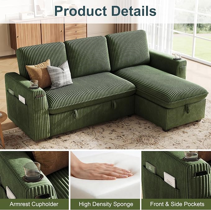Sectional Sleeper Sofa with Pull Out Bed, Plush Corduroy Sectional Sofa with Storage Chaise and Adjustable Backrest, Cloud Sectional Couches for Living Room, Apartment, Green