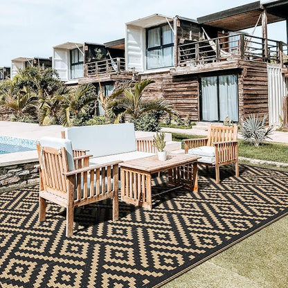 GENIMO Outdoor Rug Waterproof, 10' x 20' Reversible Plastic Straw Rugs, Lightweight Large RV Camping Mat for Patio, Deck, Camper, Balcony, Backyard, Picnic, Black & Brown