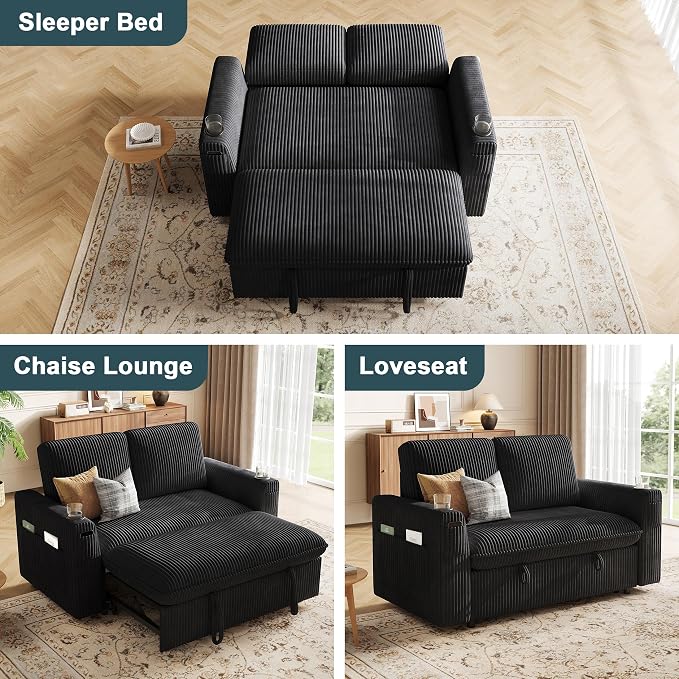 Sleeper Sofa with Pull Out Bed, Plush Corduroy Convertible Sofa Bed with Adjustable Backrest and Cup Holders, Loveseat Sleeper Couches for Living Room, Apartment, Black