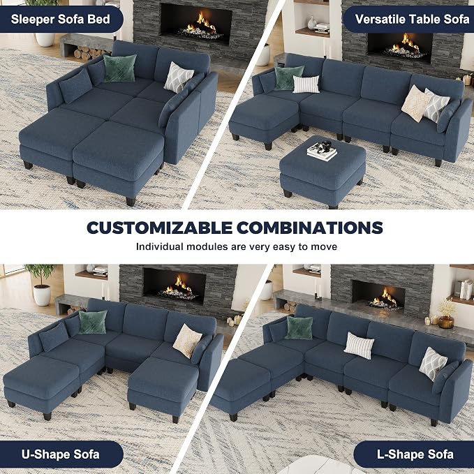 Modular Sectional Sofa, 6 Seaters Modular Sleeper Sofa Couch, Comfy Sectionals Couches Bed, Convertible Sofas with Ottomans, Sectional Couches for Living Room, Blue