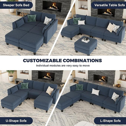 Modular Sectional Sofa, 6 Seaters Modular Sleeper Sofa Couch, Comfy Sectionals Couches Bed, Convertible Sofas with Ottomans, Sectional Couches for Living Room, Blue