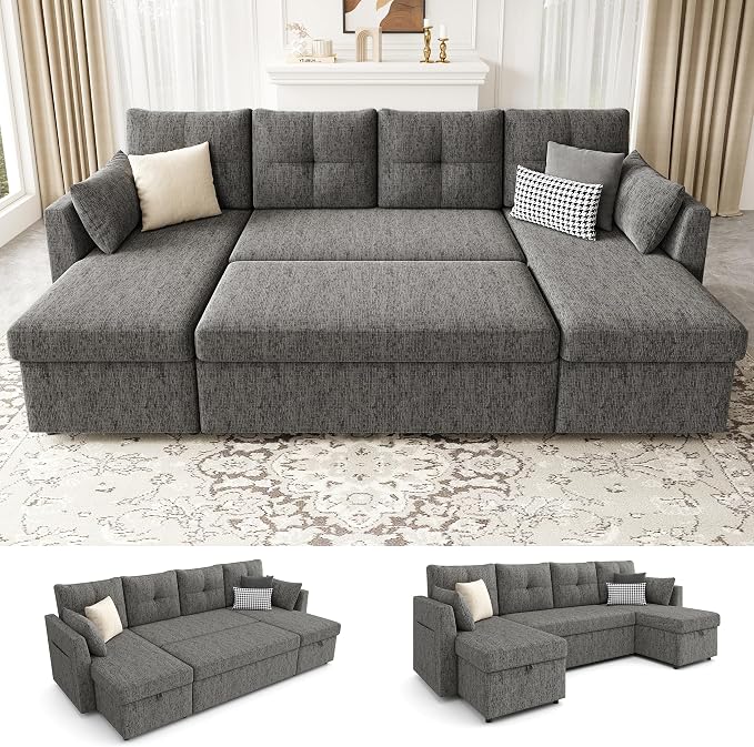 Huatean Home Oversized Sleeper Couch Sofa, 110 inch 2 in 1 Pull Out Couch with Double Storage Chaise, Sectional Sleeper Sofa Bed with Side Pocket for Living Room, Dark Grey