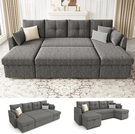 Huatean Home Oversized Sleeper Couch Sofa, 110 inch 2 in 1 Pull Out Couch with Double Storage Chaise, Sectional Sleeper Sofa Bed with Side Pocket for Living Room, Dark Grey