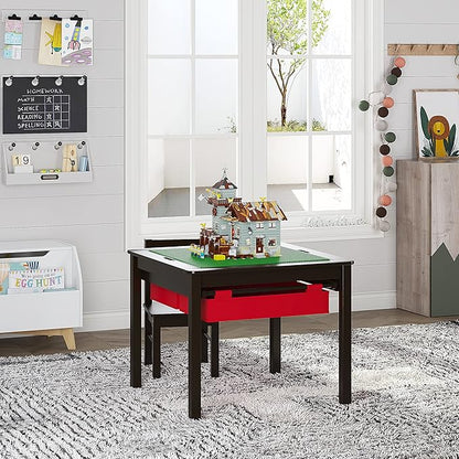 UTEX 2 in 1 Kids Construction Play Table with Storage Drawers and Built in Plate (Espresso)