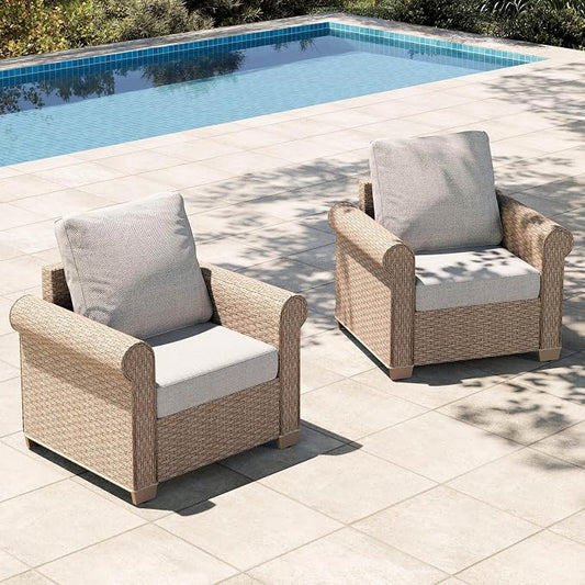 HERA'S HOUSE Patio Furniture Set, 4 x Cushioned Chairs, 3-Seat Sofa with Wood Grain Coffee Table, 5 Seats Luxury Windsor Style All Weahter Outdoor Sofa Conversation Set for Deck Lawn Backyard