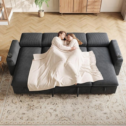 Sectional Sleeper Sofa with Pull Out Bed, Plush Corduroy Sectional Sofa with Double Storage Chaise and Adjustable Backrest, Cloud Sectional Couches for Living Room, Apartment, Dark Grey