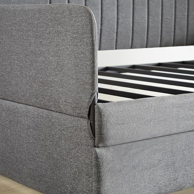 Twin Daybed with Trundle Bed Twin, Linen Upholstered Day Bed with Arm and Backrest, No Box Spring Needed Daybed, Twin Size Day Bed Gray