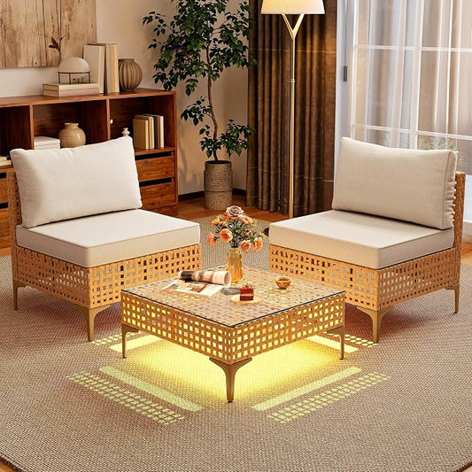 YITAHOME Wicker Patio Furniture Set 3 Pieces Outdoor Sectional Sofa with Solar Light Table Outdoor Couch with Waterproof Cushions All-Weather Rattan Patio Conversation Set for Indoor/Outdoor