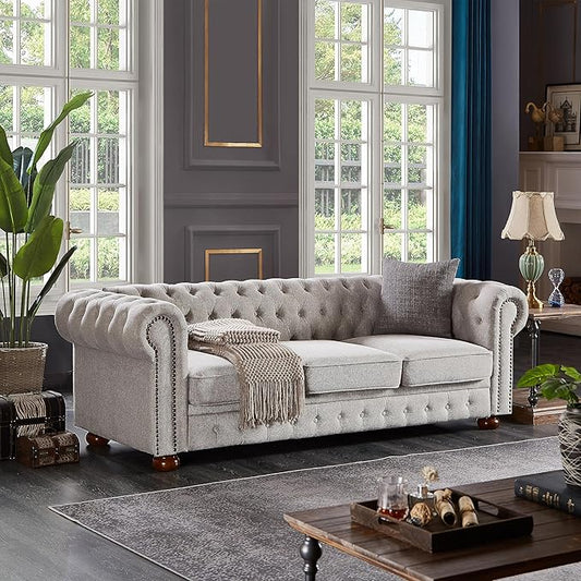 Chesterfield Sofa, 89" Mid Century Modern Couch with Low Back, Roll Arm Nailhead Trim Classic 3 Seater Couch for Living Room, Office, Apartment, Linen Light Grey