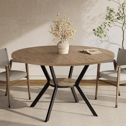 MECHYIN 42" Round Dining Table for 2-4, Farmhouse Kitchen Table with Storage, Space Saving Circle Dinner Table, Rustic Light Wood Kitchen & Dining Room Tables with Metal Legs for Kitchen, Dining Room