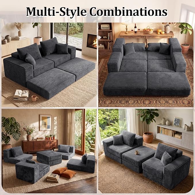 75'' L-Shaped Cloud Modular Sectional Couch with Chaise, Modern Corduroy Memory Foam Sofa Bed, Upholstered Boneless Deep Seat Fluffy Sleeper Sofa, for Living Room, No Assembly Needed (Dark Grey)