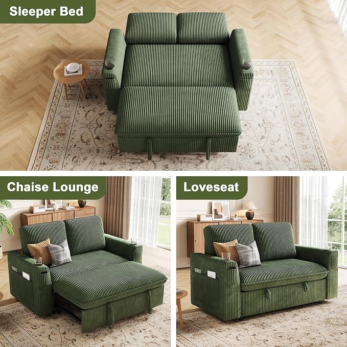 Sleeper Sofa with Pull Out Bed, Plush Corduroy Convertible Sofa Bed with Adjustable Backrest and Cup Holders, Loveseat Sleeper Couches for Living Room, Apartment, Green