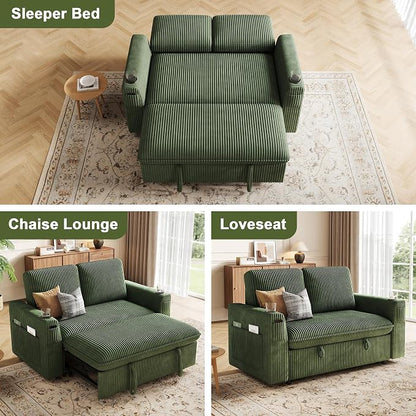 Sleeper Sofa with Pull Out Bed, Plush Corduroy Convertible Sofa Bed with Adjustable Backrest and Cup Holders, Loveseat Sleeper Couches for Living Room, Apartment, Green