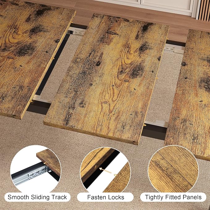 Einhomn Extendable Dining Table for 4-6, 63" Modern Kitchen Table, Farmhouse Dining Room Tables for Dining, Kitchen, Office, Living Room, Rectangular Wooden Tables, Space Saving (Rustic Brown)