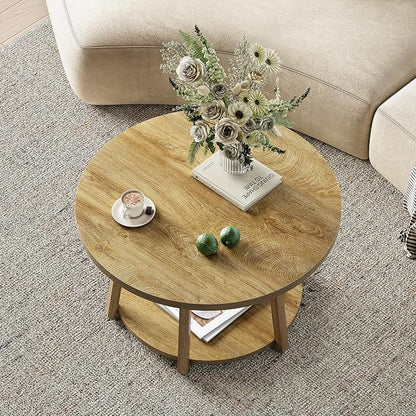 LITTLE TREE Round Coffee Table, 2-Tier Center Table with Storage, Wooden Legs, 31.5 Dia. x 19.6 H Inches, Easy Assembly, Circle Coffee Tables for Living Room, Bedroom