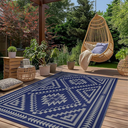 GENIMO Outdoor Rug for Patio Clearance - 6x9 ft Waterproof Plastic Camping Rugs, Reversible Outside Rv Mat Carpet for Porch, Deck, Picnic, Balcony, Beach, Backyard, Blue Grey