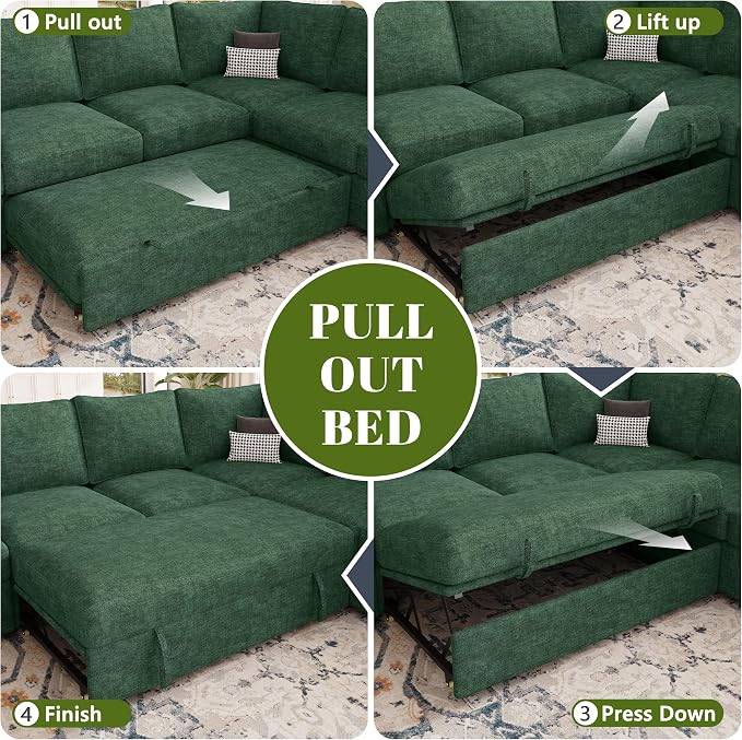 108 Inch Modular Sectional Sofa with Pull Out Bed,U Shaped 7 Seat Sectional Sleeper Sofa with Storage,Sectional Couches for Living Room,Cloud Modular Couch,Removable Sofa Cover,Green