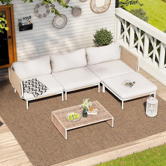 Crestlive Products Outdoor Patio Furniture Set, 4 Seater Modular Oversized Patio Conversation Set with Cushions, Modern Metal Sectional Outdoor Couch for Backyard, Deck, Porch, or Poolside, Beige