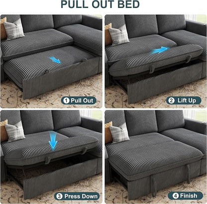 Sleeper Sofa with Pull Out Bed, Plush Corduroy Convertible Sofa Bed with Adjustable Backrest and Cup Holders, Loveseat Sleeper Couches for Living Room, Apartment, Light Grey