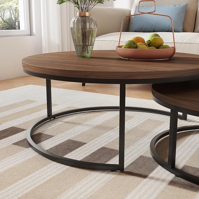 Round Nesting Coffee Table Set of 2, Modern Minimalist Accent Tables for Living Room, Bedroom, Office, Stackable Side Tables (Espresso)