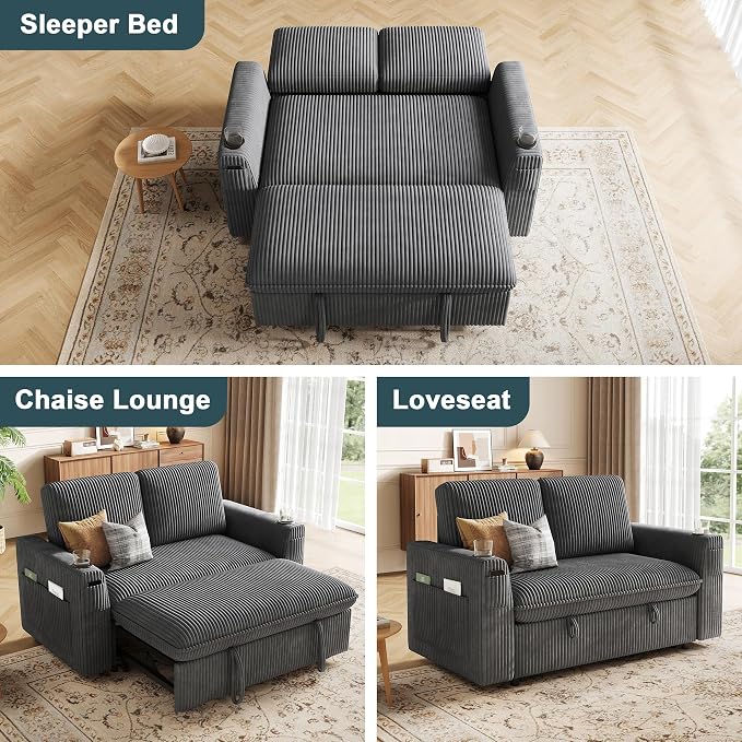 Sleeper Sofa with Pull Out Bed, Plush Corduroy Convertible Sofa Bed with Adjustable Backrest and Cup Holders, Loveseat Sleeper Couches for Living Room, Apartment, Light Grey