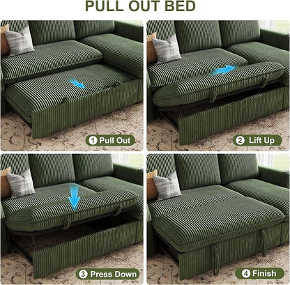 Sectional Sleeper Sofa with Pull Out Bed, Plush Corduroy Sectional Sofa with Storage Chaise and Adjustable Backrest, Cloud Sectional Couches for Living Room, Apartment, Green