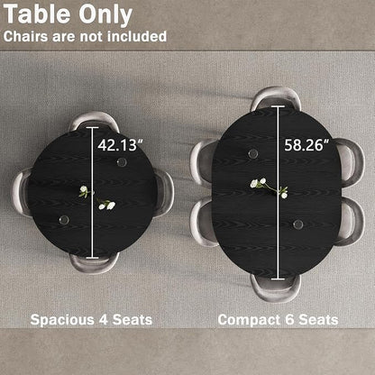 42"-58" Extendable Round Dining Table with Built-in Flip Leaf, Modern Oval Kitchen Table for 4-6, Space-Saving Small Room Furniture with Storage Shelf and X-Shaped Metal Base for Kitchen, Dining Room
