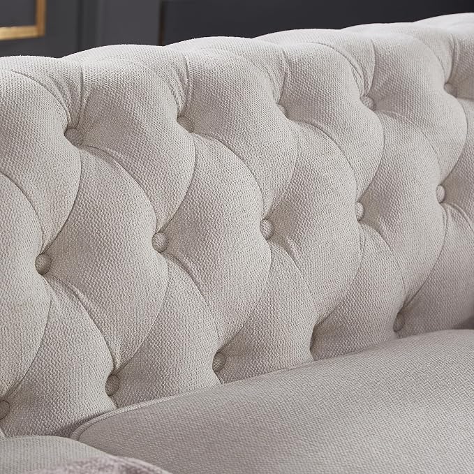 Chesterfield Sofa, 89" Mid Century Modern Couch with Low Back, Roll Arm Nailhead Trim Classic 3 Seater Couch for Living Room, Office, Apartment, Linen Beige