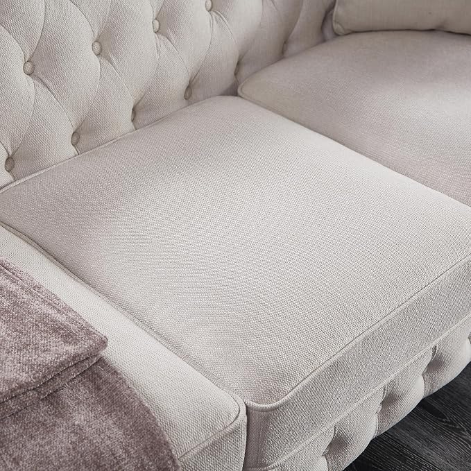 Chesterfield Sofa, 89" Mid Century Modern Couch with Low Back, Roll Arm Nailhead Trim Classic 3 Seater Couch for Living Room, Office, Apartment, Linen Beige