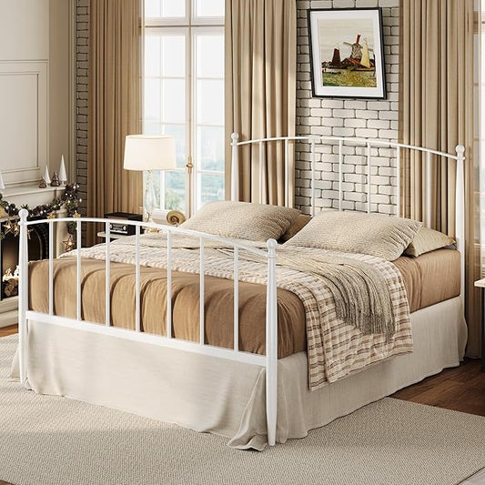 SHA CERLIN Full Size Metal Platform Bed Frame with Victorian Style Iron-Art Headboard and Footboard, Easy Assembly, No Box Spring Needed, White