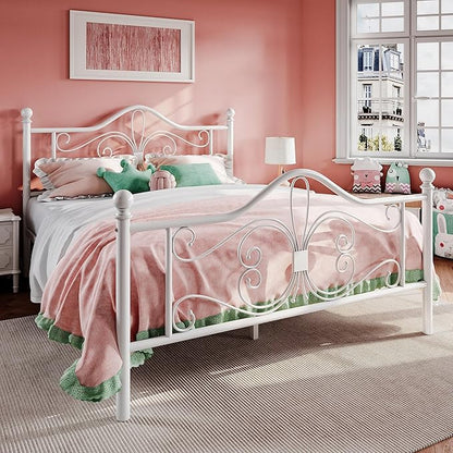 SHA CERLIN Full Size Bed Frame with Headboard,Metal Bed Frame with Butterfly Pattern Design Headboard & Footboard,No Box Spring Needed,Easy Assembly,White
