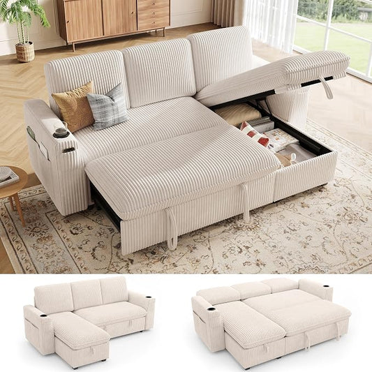 Sectional Sleeper Sofa with Pull Out Bed, Plush Corduroy Sectional Sofa with Storage Chaise and Adjustable Backrest, Cloud Sectional Couches for Living Room, Apartment, Beige