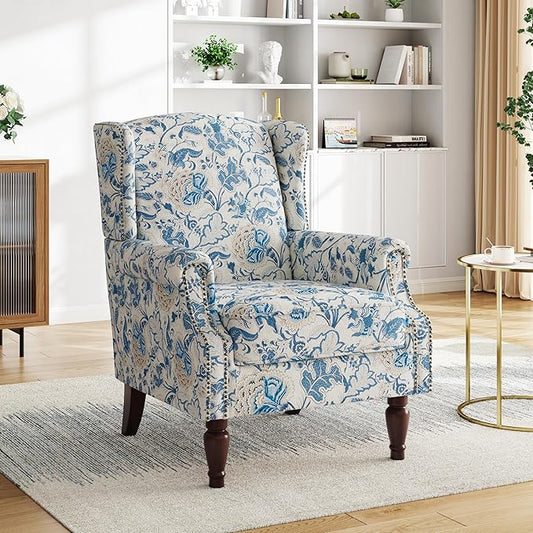 Pia Ricco High Back Floral Accent Chair - Retro Wingback Upholstered Armchair with Nailhead Trim, Solid Wood Legs, Fabric Living Room Bedroom Reading Chair (Flower Blue)