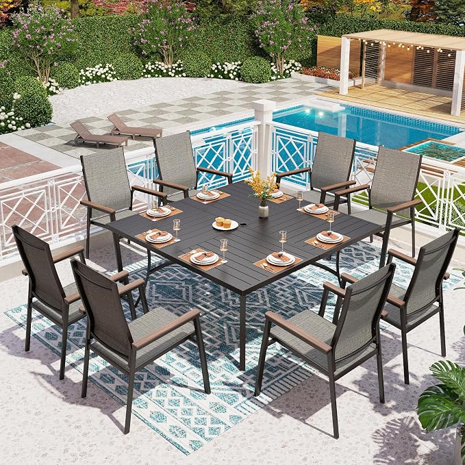 PHI VILLA 9 PCS Patio Dining Set, All-Weather Outdoor Furniture for 8, Lightweight Stackable Chairs with Breathable Fabric and Large Square Metal Table for Garden Yard Deck, Grey
