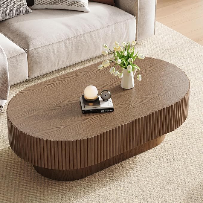 YOUDENOVA 43.7” Oval Coffee Table, Modern Wood Fluted Coffee Table for Living Room, Veneer Handcrafted Relief Center Table with Sturdy Pedestal，Easy Assembly - Walnut
