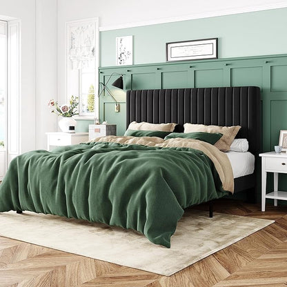 Allewie Full Bed Frame, Velvet Upholstered Platform Bed with Vertical Channel Tufted Headboard, Mattress Foundation with Strong Wooden Slats, Box Spring Optional, Easy Assembly, Black