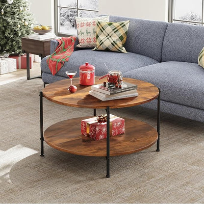 WLIVE Round Coffee Table, 32.6" Small Coffee Table with Storage Shelf, 2-Tier Circle Wood Center Table for Living Room, Apartment, Rustic Brown (Rustic Brown, 32.6" D x 32.6" W x 17.5" H)