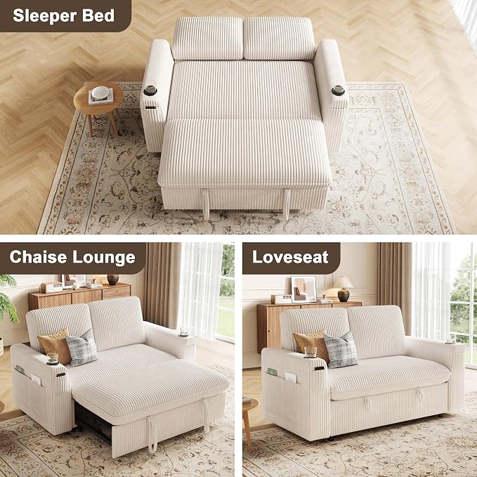 Sleeper Sofa with Pull Out Bed, Plush Corduroy Convertible Sofa Bed with Adjustable Backrest and Cup Holders, Loveseat Sleeper Couches for Living Room, Apartment, Beige